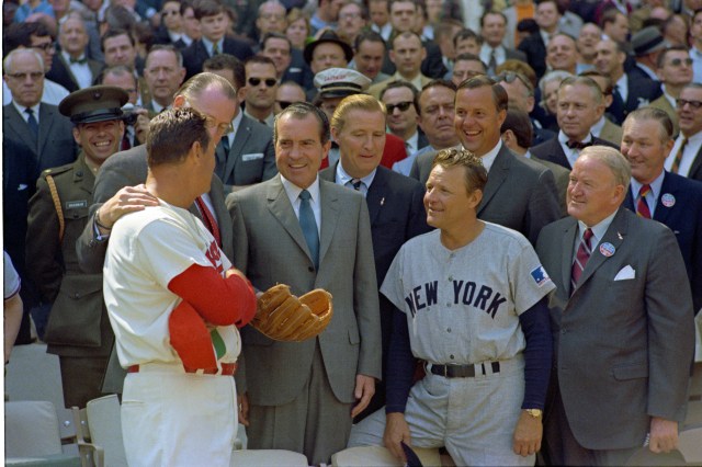 L-R: Ted Williams, Bowie Kuhn, Nixon, Robert Short, Ralph Houk, unidentified, Joseph Cronin